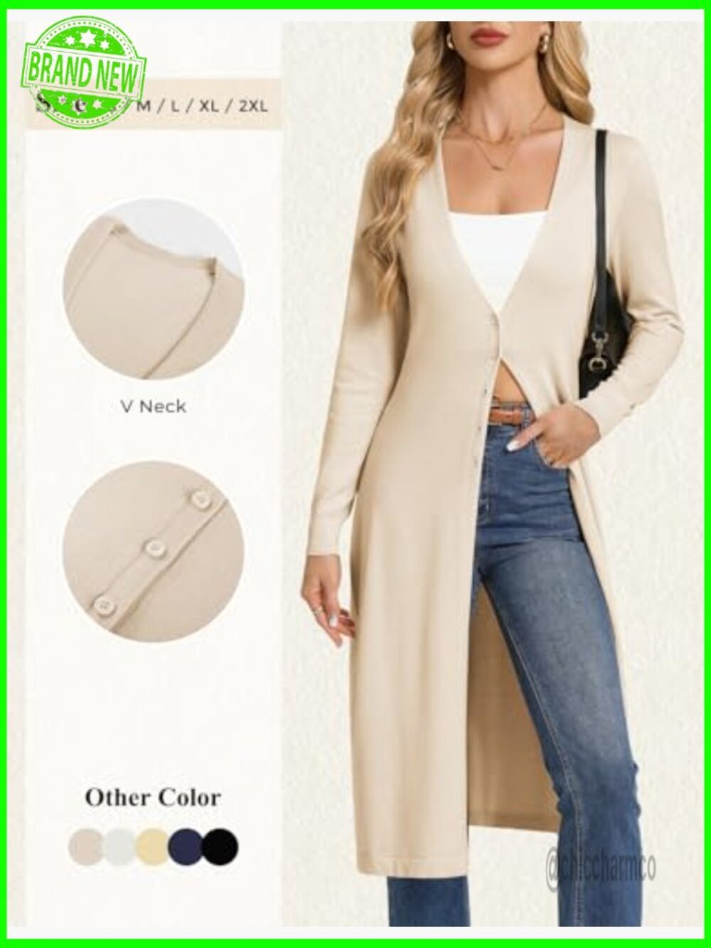 Lightweight V-Neck Button-Up Long Cardigan Duster Coat Sweater - Picture 5 of 7